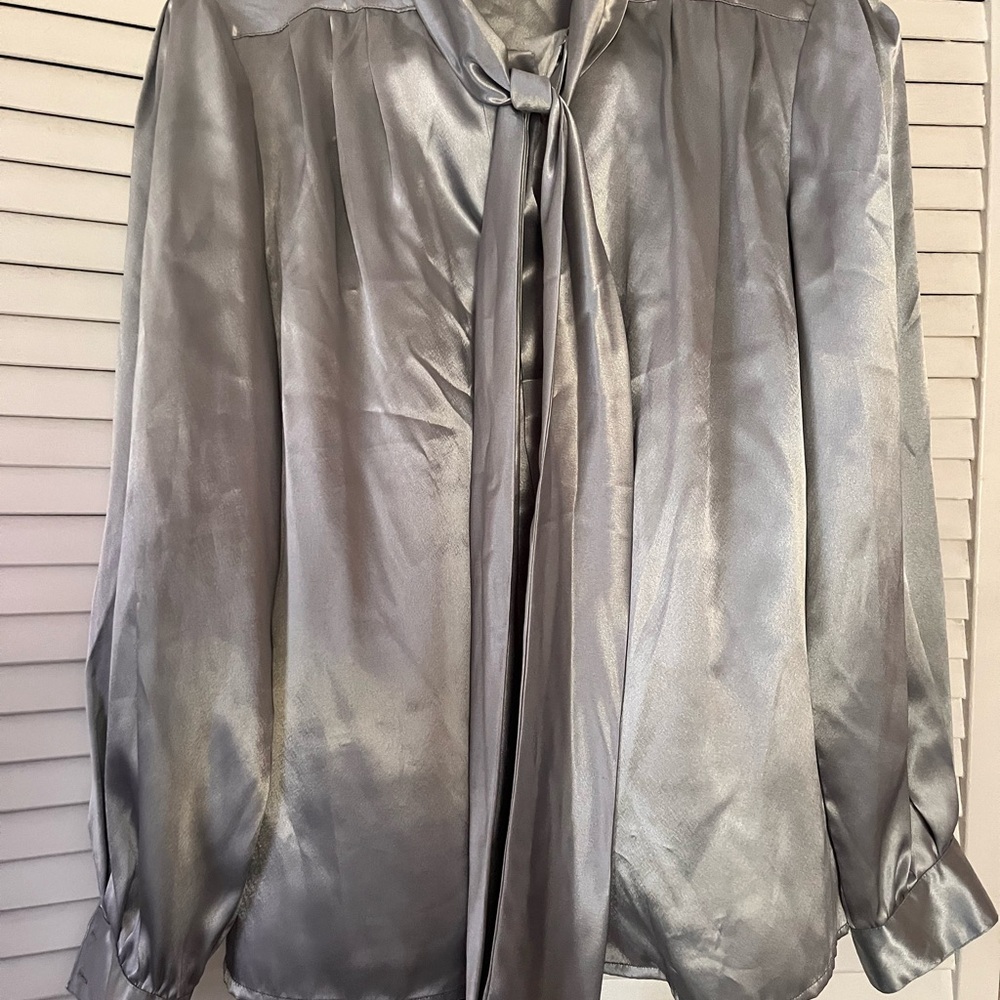 Silver Satin Tie-Neck Blouse with removable shoulder pads - Women's